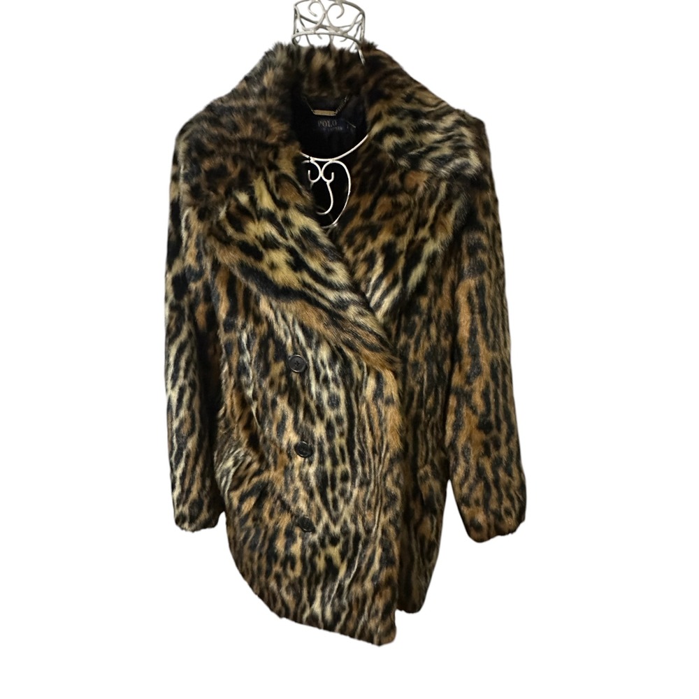 Polo Ralph Lauren Leopard Faux Fur Double Breasted Coat Brown Black SP
